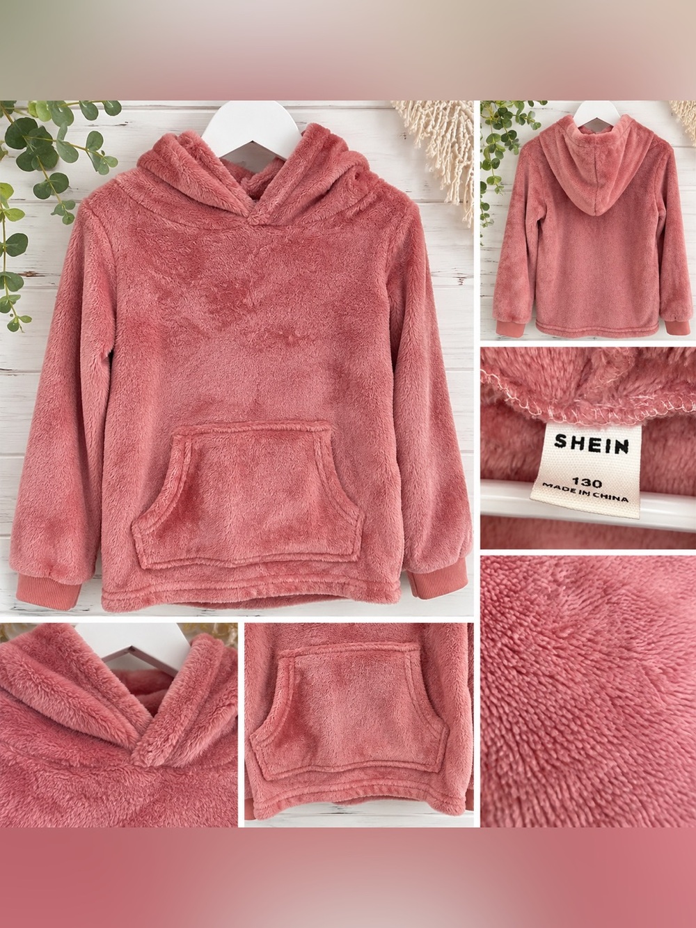 Kids Plush Hooded Pullover Jacket - Dusty Rose